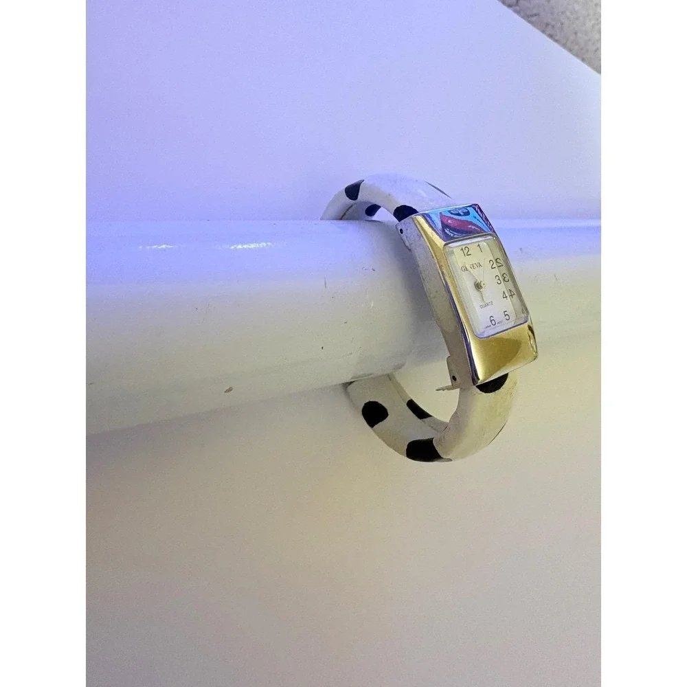 Geneva Women Quartz Watch Cow Print Cuff‎ Band Silver Tone Bracelet Japan Movt
